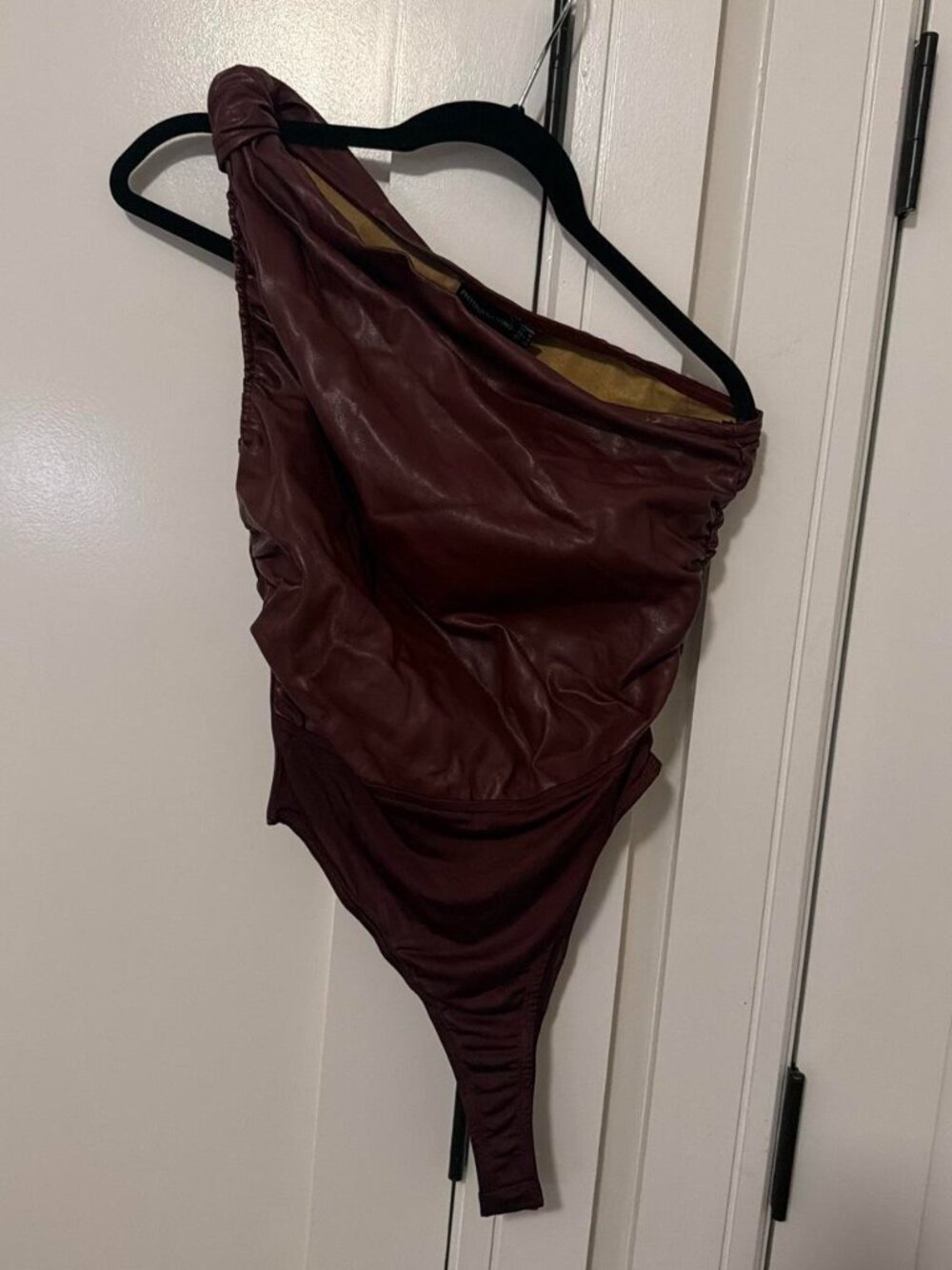 PrettyLittleThing burgundy one shoulder faux leather bodysuit